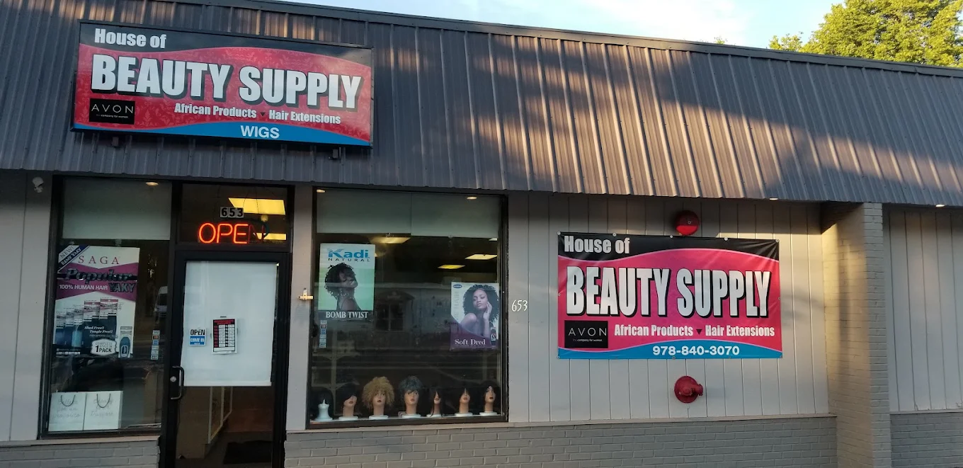 House of Beauty Supply storefront at 653 N Main St, Leominster with wigs and hair products in the window